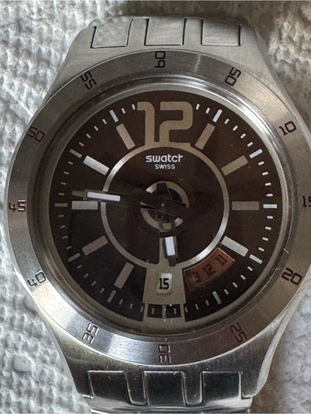 Swatch Men's Silver Stainless Steel Watch with Brown Dial